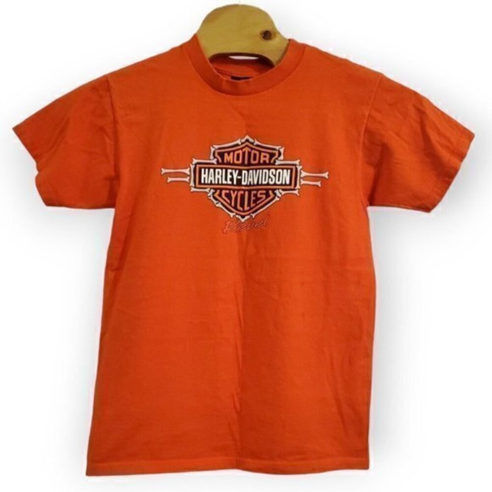 Harley Davidson Orange Men's Medium Rebel Brandon, FL Bones Double Sided T-Shirt